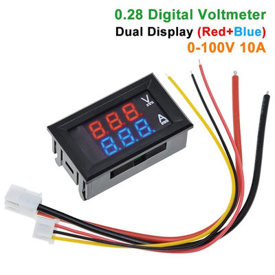 DC 0-100V 10A เครื่องวัดโวลต์แอมป์แบบดิจิตอล Ac 0.28 &quot;IC ไดรฟ์สีแดงสีน้ำเงิน