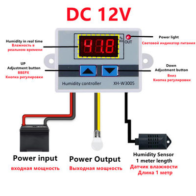 XH-W3005 ตัวควบคุมความชื้นแบบดิจิตอล DC 12V 24V 220V 10A 0 ~ 99% RH