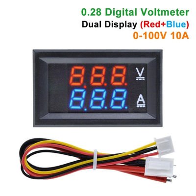 DC 0-100V 10A เครื่องวัดโวลต์แอมป์แบบดิจิตอล Ac 0.28 &quot;IC ไดรฟ์สีแดงสีน้ำเงิน