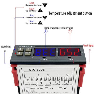 STC-3008 เครื่องวัดอุณหภูมิแบบดิจิตอลคอนโทรลเลอร์เอาต์พุตรีเลย์ 2 ตัวพร้อมหัววัด 12V 24V 220V