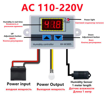 XH-W3005 ตัวควบคุมความชื้นแบบดิจิตอล DC 12V 24V 220V 10A 0 ~ 99% RH