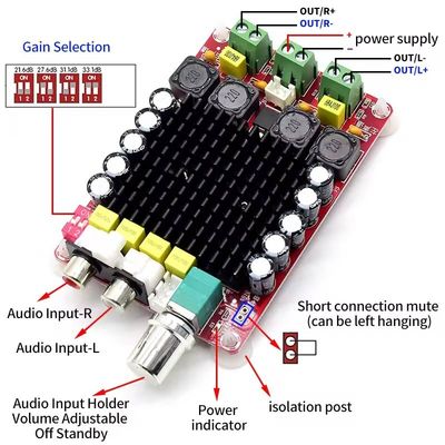 บอร์ดเครื่องขยายเสียงออกเสียงแบบสองช่อง 100W พร้อม DC14-34V Input และเทคโนโลยีชั้น D