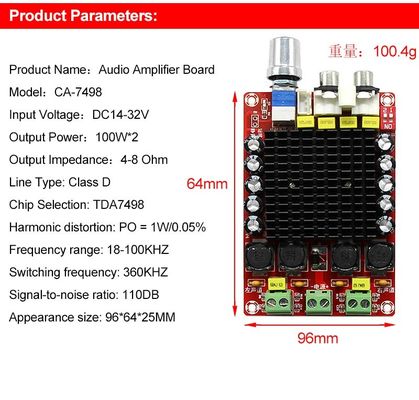 CA-7498 DC14-34V บอร์ดกระตุ้นช่องสอง ประเภท D 2 * 100W อิเล็กทรอนิกส์สมาร์ท TDA7498