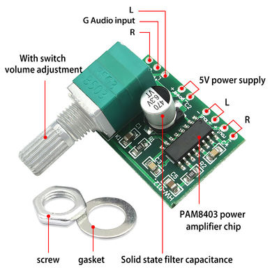 PAM8403 เครื่องขยายเสียงพร้อม 2*3W 5V USB และ Potentiometer Volume Control