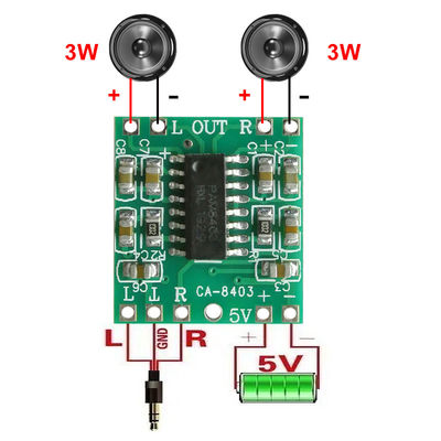 บอร์ดเสียงประสิทธิภาพประเภท D พร้อมเครื่องกระตุ้นเส้นตรง 6W PAM8403 5V CA-8403 ความดันมาตรฐาน