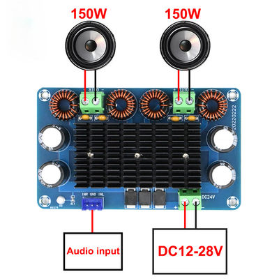 บอร์ดเสียงเครื่องขยายพลังงานสูง 150W + 150W พร้อม DC 12-28V Output สําหรับเครื่องสมดุลสเตเรียในโรงภาพยนตร์ที่บ้าน