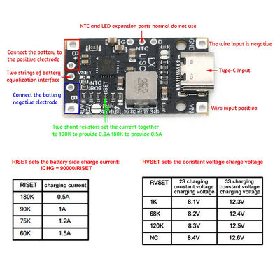 แบบ C USB 2/3S BMS 15W 8.4V 12.6V 1.5A แบตเตอรี่ลิธีียม โมดูลการชาร์จกระตุ้นด้วยการสนับสนุนที่สมดุล การชาร์จเร็วด้วยตัวชี้วัด