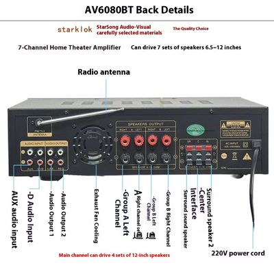 AV-6080BT 1000W เครื่องขยายอัตราต่อรองคงที่ 7 ช่อง บ้าน รถรับโลหะ USB Flash SD Card BT Wireless Player Global