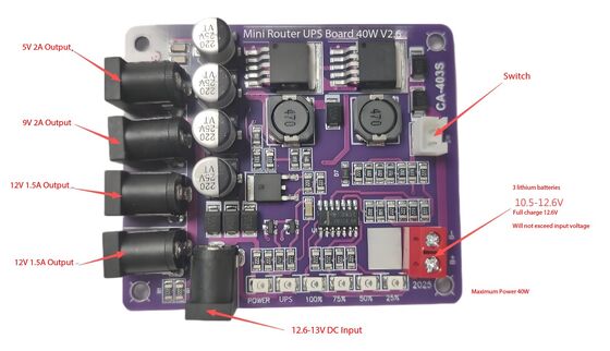 CA-403S Mini Router แหล่งจ่ายไฟสำรองพร้อมแบตเตอรี่ 11.1V อินพุต 40W เอาต์พุต และการป้องกันการลัดวงจร